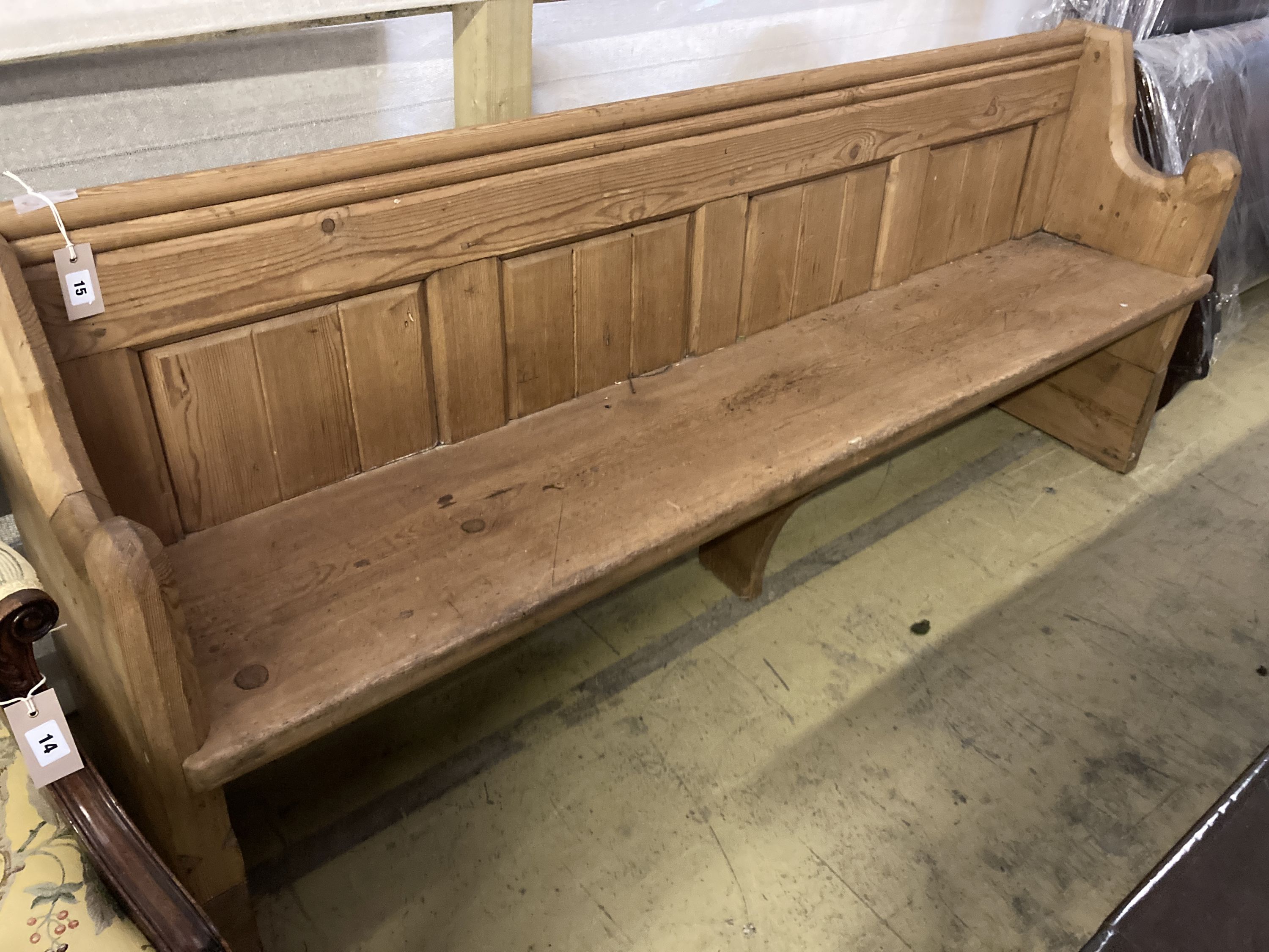 A Victorian stripped pine pew, length 194cm, depth 50cm, height 81cm