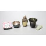Assorted Chinese small items, including a celadon jade figure of a boy grasping a lotus leaf, 6.7cm,