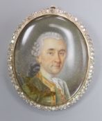 A 19th century miniature oval watercolour on ivory, depicting the bust of a gentleman, mounted in an