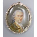 A 19th century miniature oval watercolour on ivory, depicting the bust of a gentleman, mounted in an