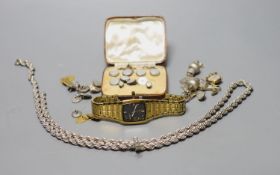 A lady's 9ct gold wrist watch on a plated strap, a Citizen Eco Drive watch, a cased six piece