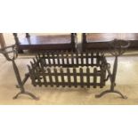 A rectangular wrought iron fire basket, width 96cm, depth 46cm, height 49cm and dogs