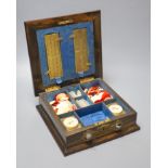 A Victorian coromandel, brass and agate mounted bezique games box, 24.5cm, containing bone and