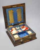 A Victorian coromandel, brass and agate mounted bezique games box, 24.5cm, containing bone and
