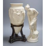 A classical plaster figure and a similar classical vase on stand, tallest 44cm