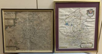 Christopher Saxton, coloured engraving, Map of Warwick, 30 x 34.5cm and a Blome map of