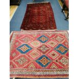 A Bokhara burgundy rug, 200 x 115cm together with a Caucasian design brick red ground rug, 164 x