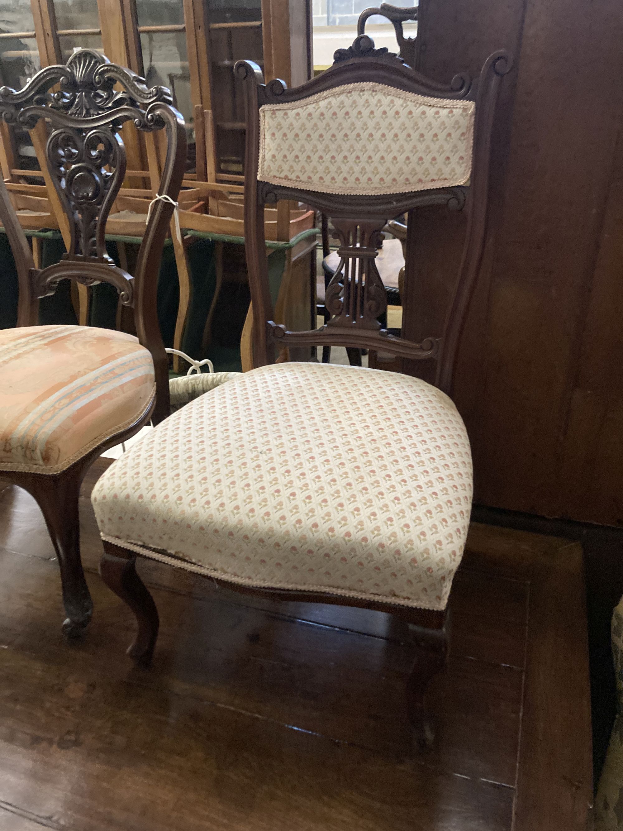 A pair of Victorian walnut dining chairs, on cabriole legs - Image 2 of 6