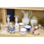A group of mixed ceramics including a Copeland flower-painted vase, a Staffordshire 'hen and