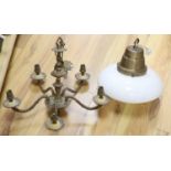 An Art Deco brass and opaline pendant light and a gilt five branch Victorian style chandelier (2)