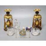 A group of mixed collectables to include a pair of 19th century table lustres, two porcelain scent