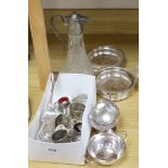 A group of mixed plated wares including a pair of wine coasters, 15.5cm, napkin rings, flatware,