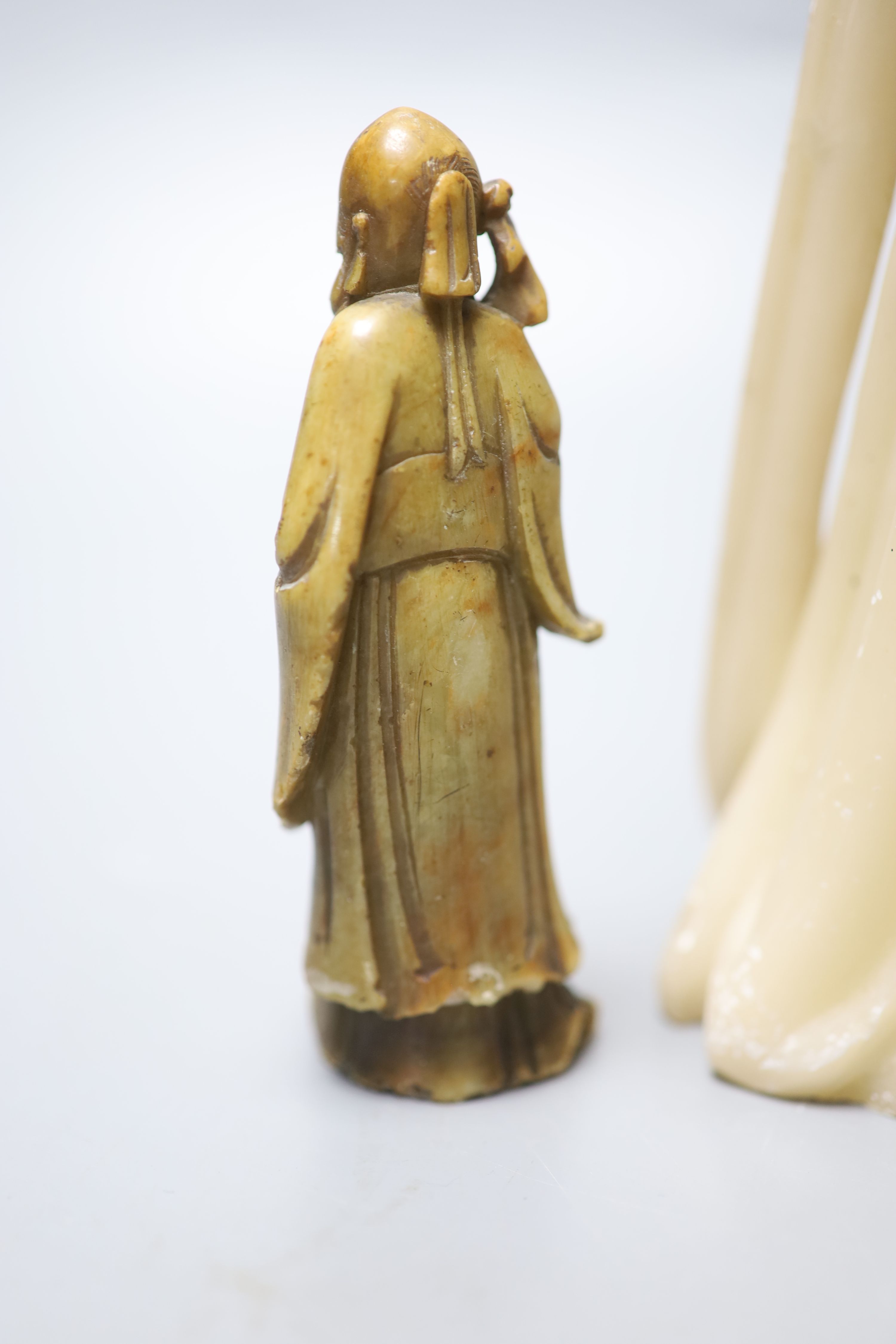 A large Chinese cream soapstone figure of an immortal, 41.5cm, (damaged) and a smaller 19th - Image 3 of 7