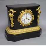A late 19th century French ebonised and ormolu mounted mantel clock, height 33cm