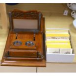 A large Victorian walnut stereoscopic card viewer with slides, Football at Eton etc, length 58cm