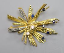 A late 1960's 18ct gold, sapphire and diamond set modernist spray brooch, 48mm, gross 16.5 grams,