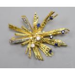 A late 1960's 18ct gold, sapphire and diamond set modernist spray brooch, 48mm, gross 16.5 grams,