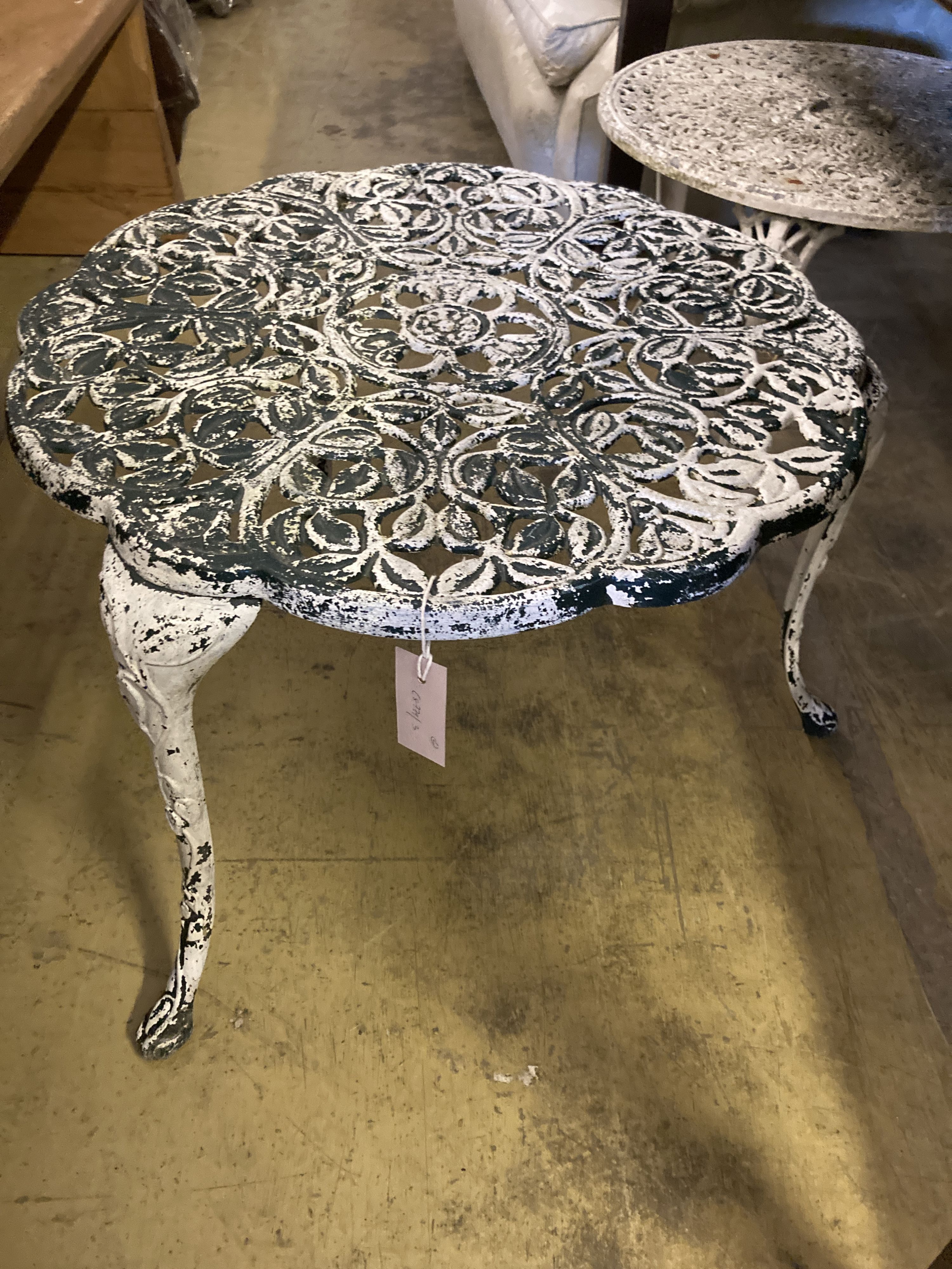 A pair of painted circular aluminium garden tables, larger 61cm diameter, height 44cm - Image 3 of 5