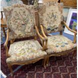 A pair of Louis XV style needlepoint armchairs, width 69cm, depth 60cm, height 110cm