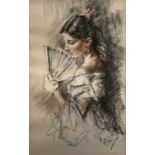 Franco Matiana (1922-2006), pastel, Spanish woman holding a fan, signed, 48 x 30cm