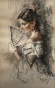 Franco Matiana (1922-2006), pastel, Spanish woman holding a fan, signed, 48 x 30cm