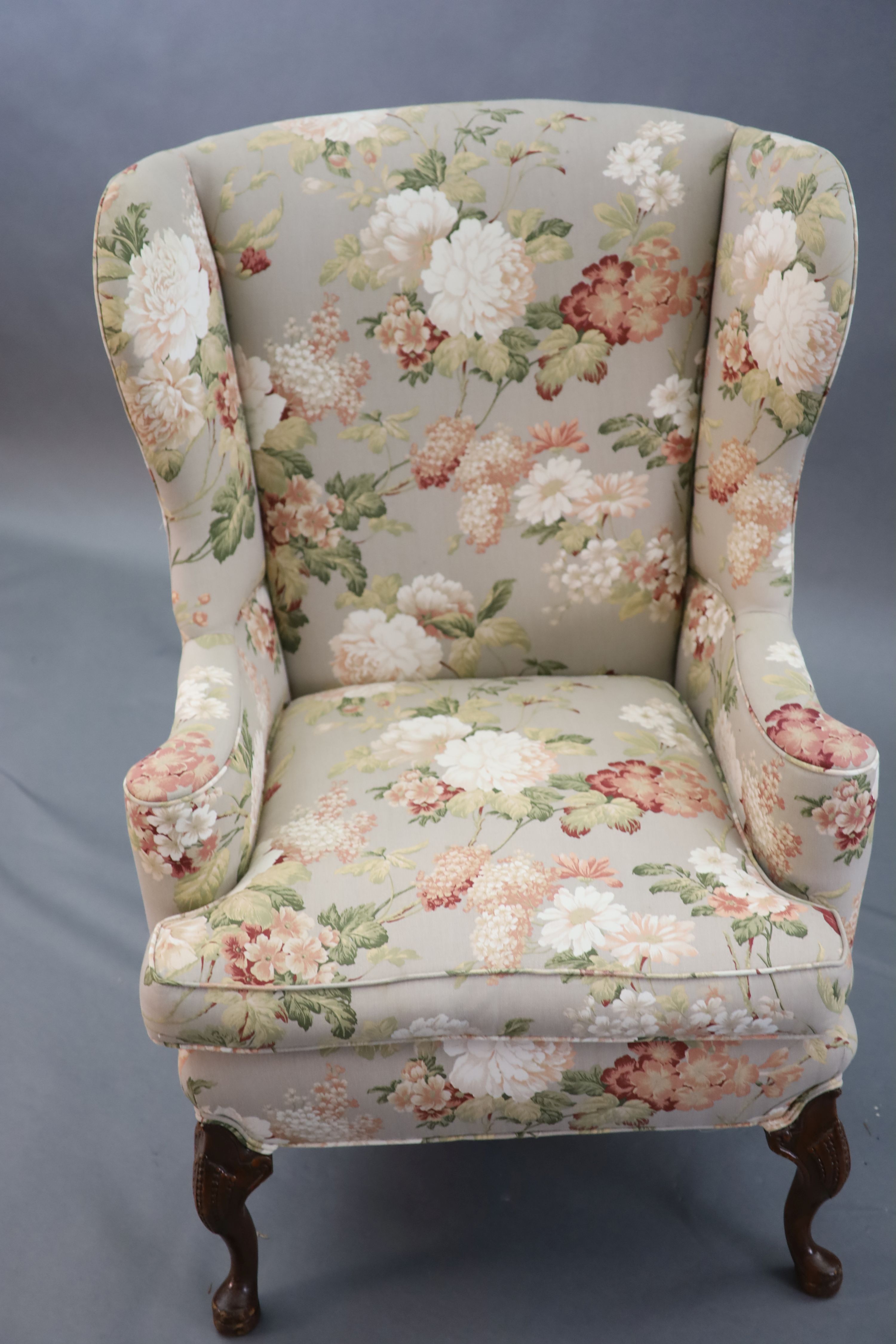 A French Hepplewhite style wing armchair together with a matching contemporary footstool - Image 2 of 9