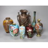Seven Japanese vases including one bronze, five cloisonne enamel and a patinated bronze bottle vase,