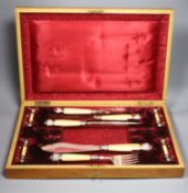 A late Victorian cased silver and ivory fish serving and meat carving set, Allen & Darwin,