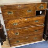 A 19th century brass mounted teak two part military chest (lacking one drawer) width 97cm, depth