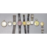 Seven assorted wrist watches including two Timex and an Omnia and two pocket watches.