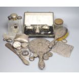 Sundry small silver including cased silver three piece condiment set, silver mounted hand mirror and