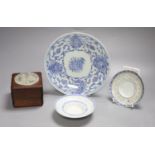 A Chinese jade and wooden box and three pieces of blue and white porcelain, largest diameter 20cm
