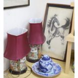 A pair of Chinese famille rose table lamps, 35cm high to lamp fitting, a blue and white jar and