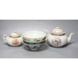 A Chinese famille rose teapot and sucrier, a 19th century Chinese bowl and a pair of blue and