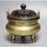 A Chinese bronze censer and wooden cover with Xuande mark on base, Qing dynasty, overall height