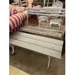 A wrought iron slatted folding garden bench, length 105cm, depth 52cm, height 86cm together with a
