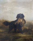 J. Detker (19th C.), oil on canvas, Black retriever with a hare, signed and dated 1879, 92 x 76cm