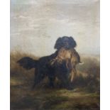 J. Detker (19th C.), oil on canvas, Black retriever with a hare, signed and dated 1879, 92 x 76cm