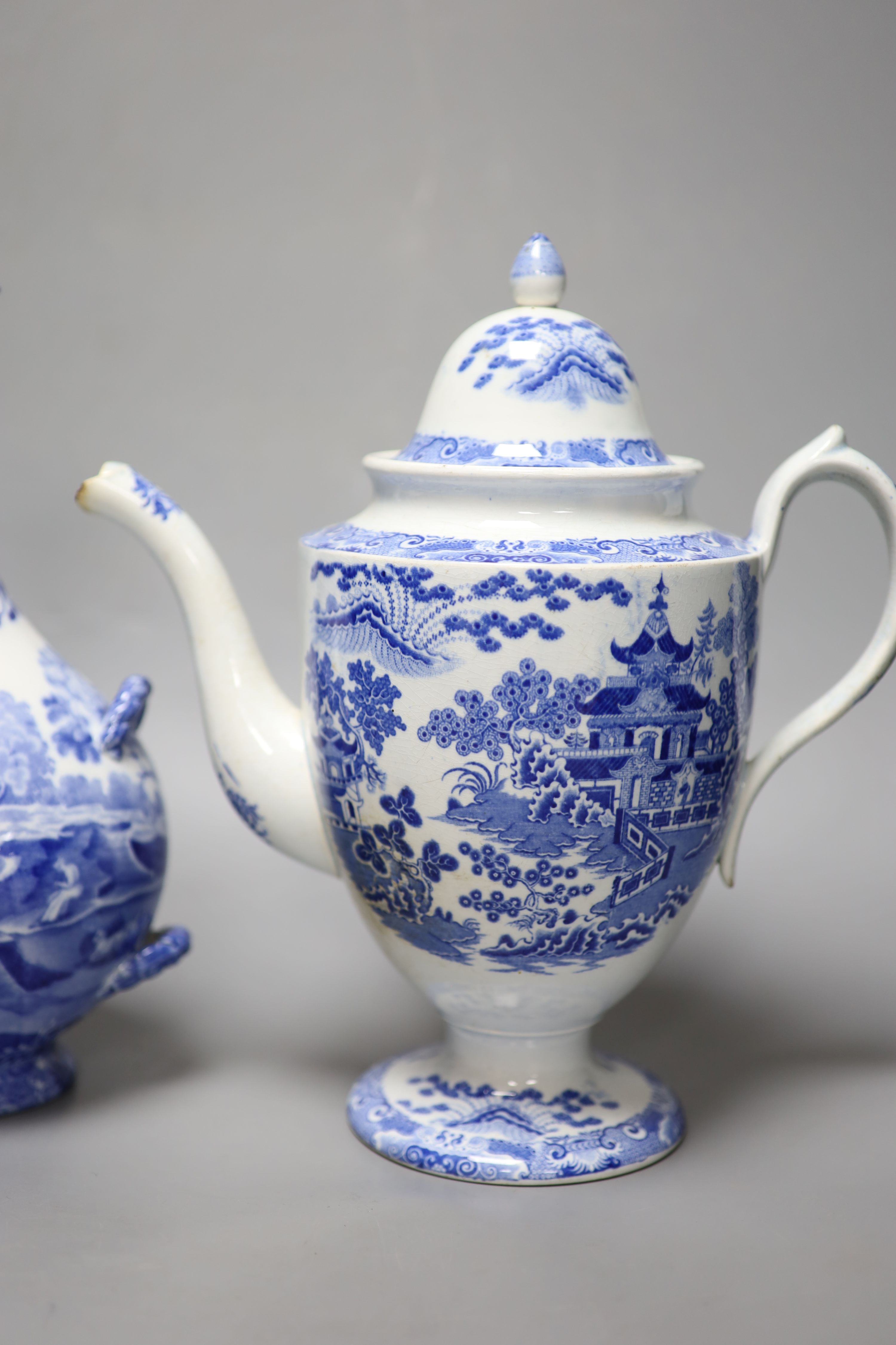 A Staffordshire pearlware blue and white pottery coffee pot and a Copeland Spode pilgrim flask, - Image 3 of 8