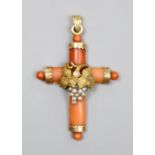 A 19th century yellow metal and seed pearl mounted coral cross pendant, 38mm, gross 5.7 grams.