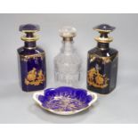 A pair of Limoges scent flasks, a silver mounted glass decanter and a Coalport dish, tallest 23cm