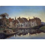 Reginald Mills (Exh.1921-38), oil on panel, Canal boat and cottages at dawn, signed, 21.5 x 30cm,