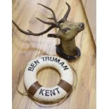 A taxidermic stag's head with antlers (a.f.) and a vintage life saving ring (2)