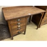 An early 20th century oak five drawer drop flap kneehole desk, width 108cm, depth 60cm, height 78cm