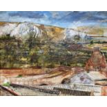Nicholas Johnson, mixed media on board, The Downs viewed from Lewes railway station, 41 x 52cm