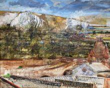 Nicholas Johnson, mixed media on board, The Downs viewed from Lewes railway station, 41 x 52cm