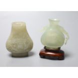 A Chinese celadon green jade vase, 7.4cm (lacking handles) and a Chinese bowenite jade vase, wood