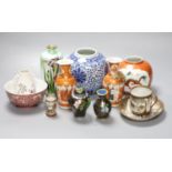 A group of Chinese and Japanese ceramics and three cloisonne enamel vases
