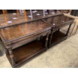 A pair of 17th century style rectangular oak two tier two drawer side tables, width 99cm, depth