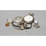 Two white metal and enamel pill boxes including one silver, a lady's 800 standard Baume wrist watch,
